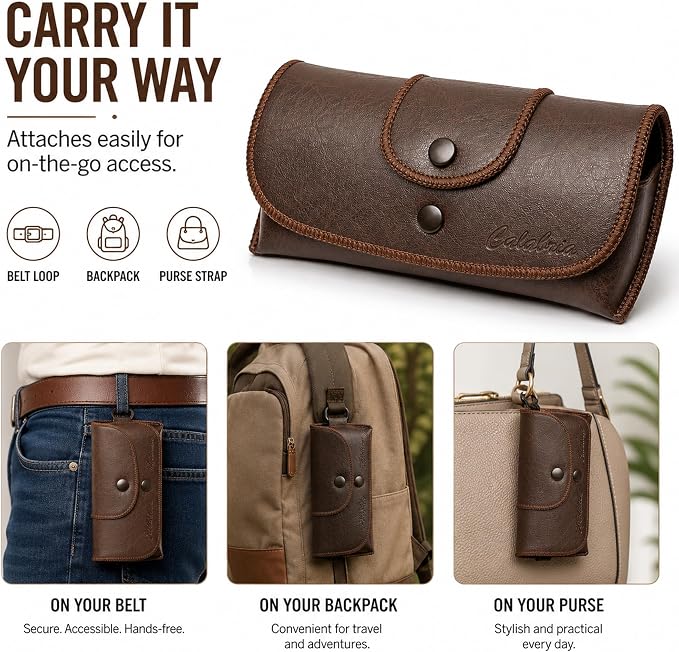 Calabria Double Snap Belt Loop Eyeglass Case PU Leather Brown Old School Vintage Eye Glasses Pouch Semi-Hard Sunglass Holder - 50PACK