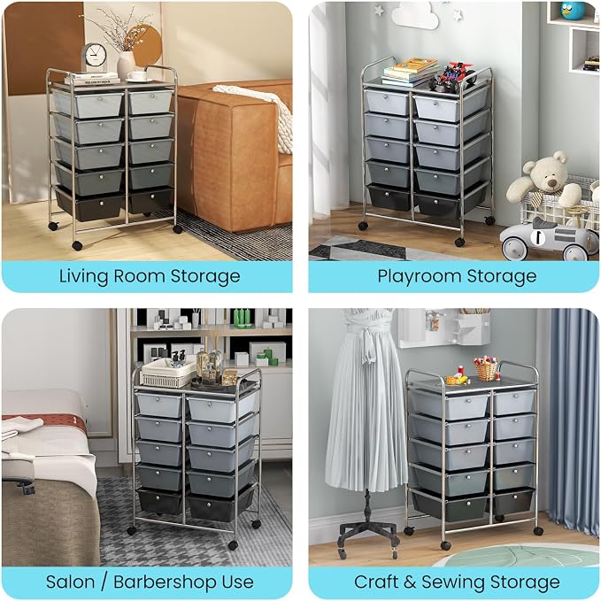 BECOMFORT 10-Drawer Rolling Cart with Drawers, Storage Cart on Wheels, Teacher Classroom Organizers with Metal Frame, Mobile Craft Cart, Trolley Utility Cart for School Office Play Room