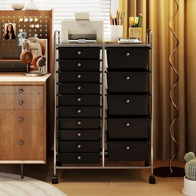 RELAX4LIFE 15-Drawer Rolling Storage Cart - Utility Cart with Metal Frame, Lockable Wheels & Removable Drawers, Multipurpose Art Craft Organizer for Home Office, Classroom (Black)