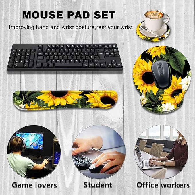 Keyboard Wrist Rest and Mouse Wrist Rest Pad with Cup Coaster,Made of Memory Foam,Ergonomic Support,Easy-Typing and Pain Relief,for Gaming Office Home Computer,Nice Sunflowers Floral