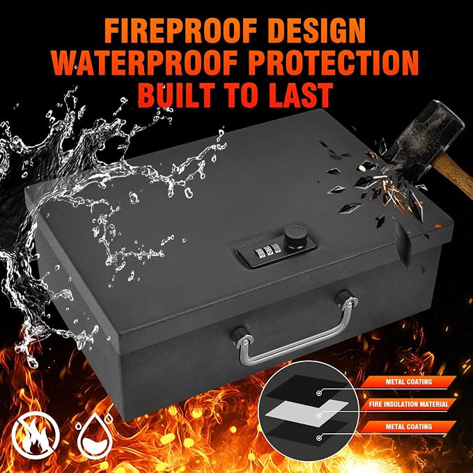 TOTOY 0.35 CuFt Portable Steel Fireproof 3-Digit Lock Handheld Document Box | Rotable Carrying Handle Storage Lock Box for A4 Documents Passport Cash Money Laptop Tablet Jewelry, 13.8''W x 11''D x 4''H