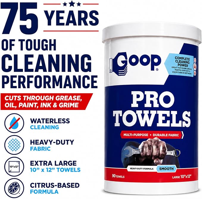 GOOP Pro Towels Heavy-Duty Multi-Surface Cleaning Wipes – Removes Engine Grease, Grime & Paint – Safe for Tools, Machinery & Painted Surfaces – 90 Extra Large 10" x 12" Towels