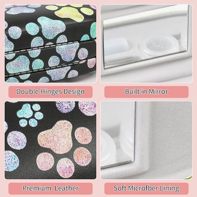 2 in 1 Contact Lens Case and Eyeglasses Case for Women Men Kids, Double Sided Hard Shell Portable Glasses Travel Holder with Built-in Mirror, Contact Lens Box Storage Kit (Multicolor Paw)