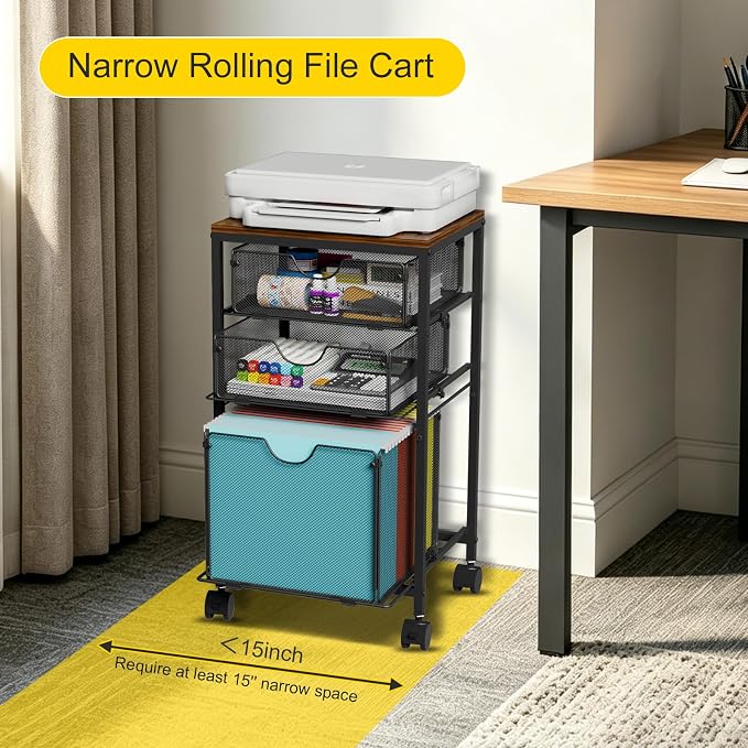 BOHDK Rolling File Cart with 3 Storage Drawers, Wood & Mesh Hanging File Folder Organizer with Wheels Under Desk, File Cabinets for Home Office, 11.81" D x 14.8" W x 25.39" H, Black