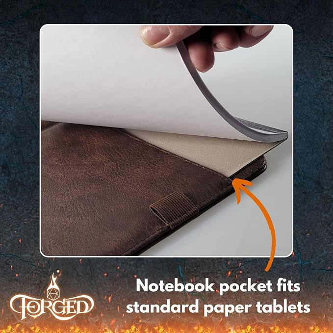 Forged Dice Co. Game-Folio PU Leather Portfolio Binder - Gaming Binder for DND Character Sheets with DND Spell Cards Organizer and Clear Front Pocket - Compatible with Dungeons and Dragons RPG - Brown