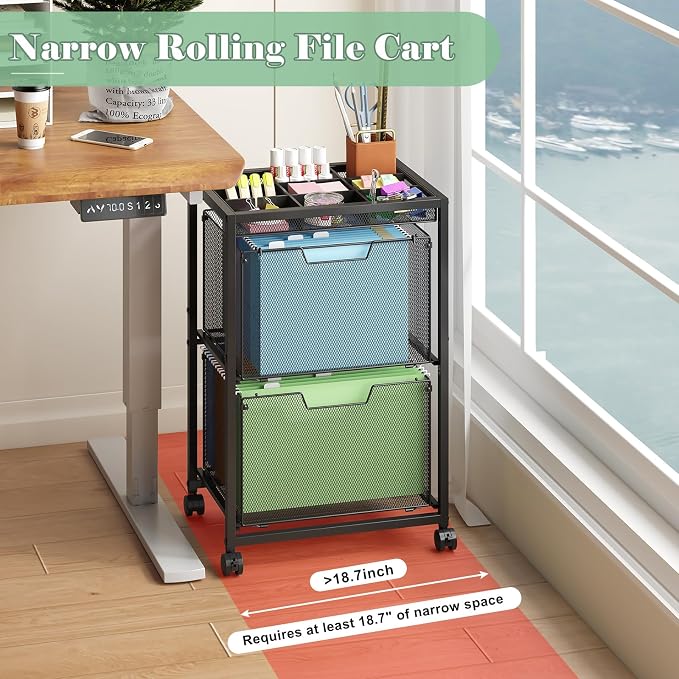 Rolling File Cart with 2 Drawers, Under Desk Storage Cabinet with DIY Divider, Letter/Legal Mobile Filling Cabinet on Wheels, Hanging File Folders Organizer, Metal Utility Cart for Home Office, Black