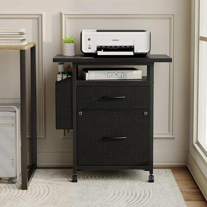 OLIXIS 2 Drawer File Cabinet with 24'' Wide Desktop, Rolling Printer Stand | Printer Cart with Lockable Wheels, Fabric Drawer Cabinet Under Desk with Storage Side Bag for Small Space, Home Office, Black