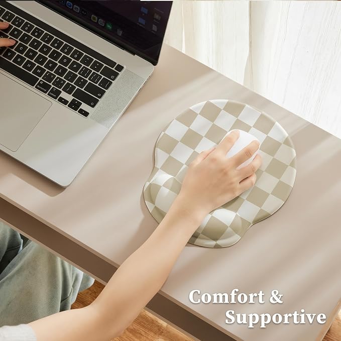 Ohocut Beige White Checkered Mouse Pad with Gel Wrist Rest, Wrist Support, Ergonomic Desk Accessories for Women, Office Laptop Gaming Decor, Cute Aesthetic Check Design