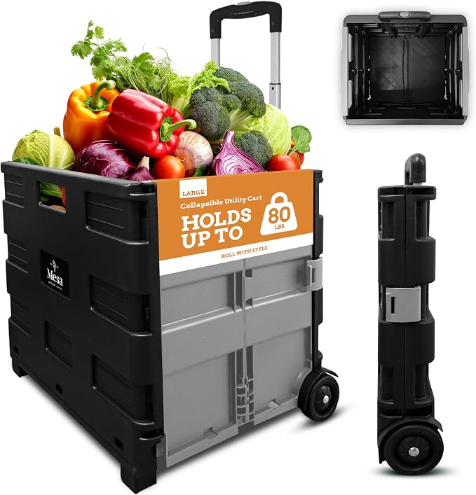 Ultra-Slim Rolling Collapsible Storage Pack-N-Roll Utility-carts, with Telescopic Handle, for Home, Garden, Shopping, Office, School use, Large, Grey & Black