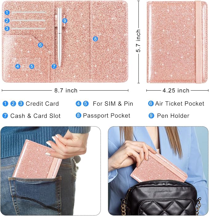 ACdream RFID BLOCKING Passport Holder Travel Wallet, Premium PU Leather Cover Passport Book with Card Holder, Pen Holder, Keep Organization, and Travel Essentials for Women and Men, Glitter Rose