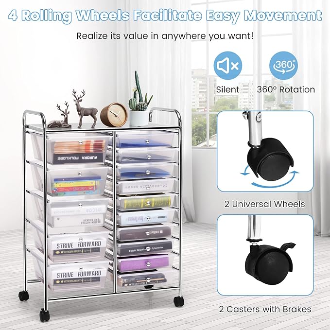 COSTWAY 15 Drawer Rolling Storage Cart, Mobile Storage Organizer | Removable Drawers & Metal Frame, Multipurpose Utility Tools Paper Organizer on Wheels for Home, Office (Transparent)