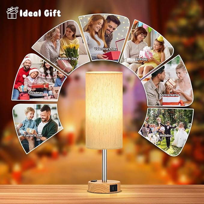 Touch Bedside Table Lamps Set of 2 - Bedroom Lamp with USB A+C, AC Outlet | 3-Way Dimmable, LED Bulb Included, Linen-Texture Fabric Lampshade, Wood-Grain Metal Base, 14" Small Nightstand Lamp for Dorm