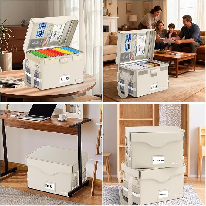 DocSafe 5200°F Fireproof Document Box with Lock,Heat Insulated File Organizer Storage with Pockets,Collapsible Portable Home Office File Safe Box with Handle for Hanging Letter/Legal Folders, Beige