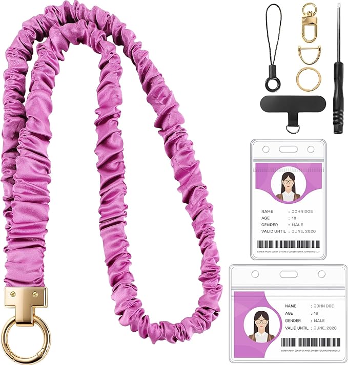 Prudiut Scrunchie Lanyard for Id Badges, Retractable Teacher Lanyards Black Stretchy Scrunchie Lanyard with Id Holder for Women (Purple)