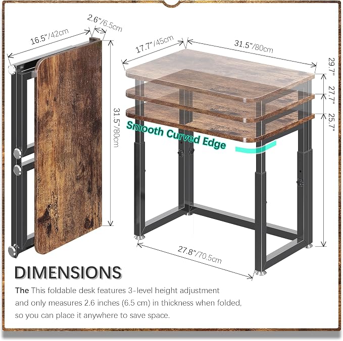 4NM No Tool Assembly 31.5" Small Desk, Folding Portable Desk with Wheels, Adjustable Height Foldable Computer Home Office Desks, Collapsible Study Writing Table for Space Saving Bedroom - Rustic Brown