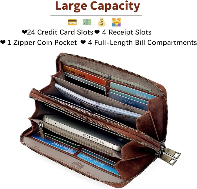 GOIACII Women's Wallet Large Capacity Double Zip Ladies Card Phone Holder RFID Blocking Wristlet Leather