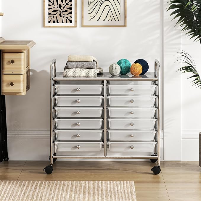RELAX4LIFE 12-Drawer Rolling Storage Cart - Mobile Utility Cart on Wheels for School Classroom Teacher Office Salon, Paper File Art Supply Craft Organizer, Rolling Cart with Drawers (Clear)