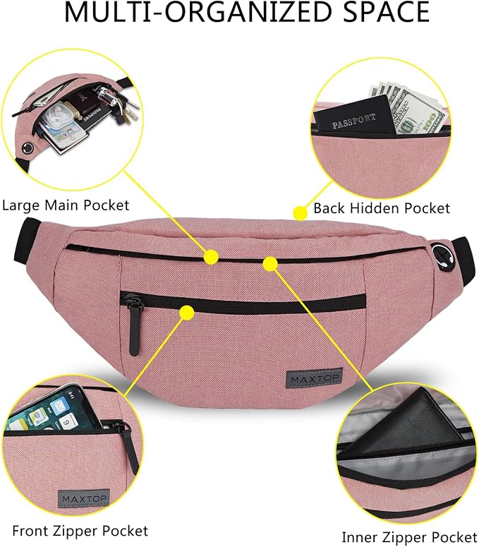 Large Pink Fanny Pack Cross Body Bag with 4-Zipper Pockets Adjustable Strap | Polyester,Gifts for Enjoy Festival Sports Yoga Workout Traveling Running Casual Hands-Free Wallets
