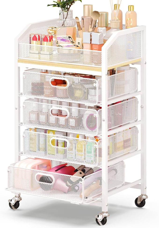 Goovilla Rolling Makeup Organizer Cart with Drawers, 5 Tier Metal, White | Floor Skincare Vanity Organizers with Lockable Wheels, Make Up Storage Cart for Cosmetics Display, Nail Polish, Perfume