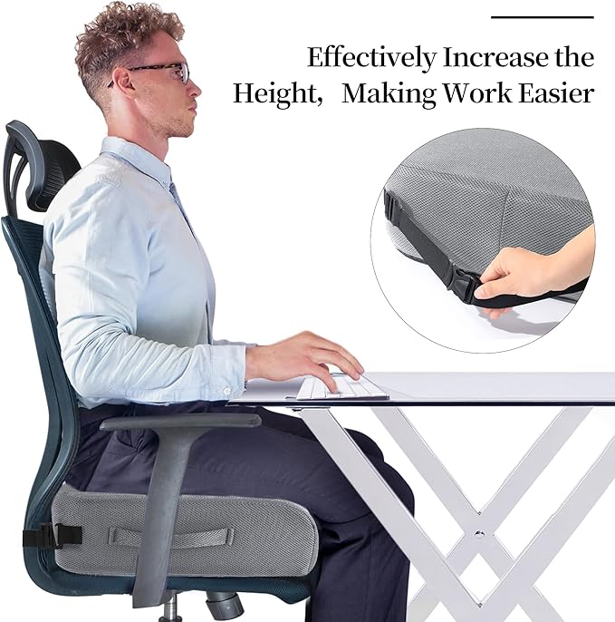 MABOZOO Extra Thick Chair Cushions,Office Chair Booster Seat Cushion to Raise Seat Height for Pain Relief,18 x 16 x 6 inch Non Slip Memory Foam Thick Cushion with Carry Handle（Grey）