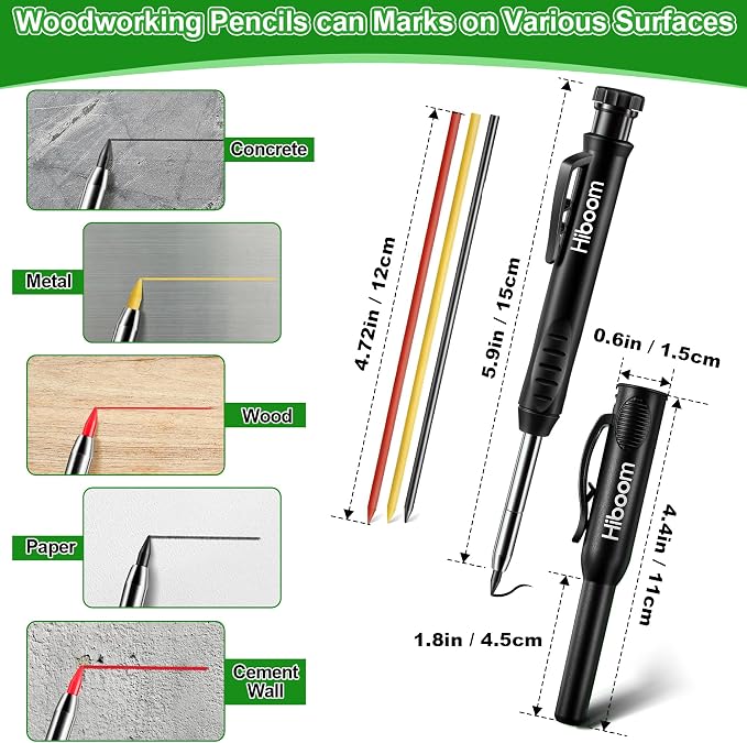 Hiboom 3 Pack Carpenter Pencil with 24 Refills Built In Sharpener,Black | Concrete Wood Metal, Deep Marking, Multi-Color Refills, 2.8mm Lead, Construction Work, Waterproof, Carpenter Builder DIY