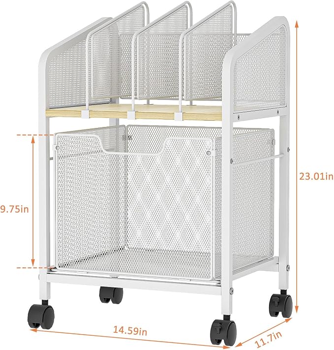Tiaoheka Rolling File Cabinet with Adjustable Dividers, Mobile Filing Cabinet with Storage Drawer on Lockable Wheels, Hanging File Organizer Beside Under Desk for Office, Home, White（Patent Pending）