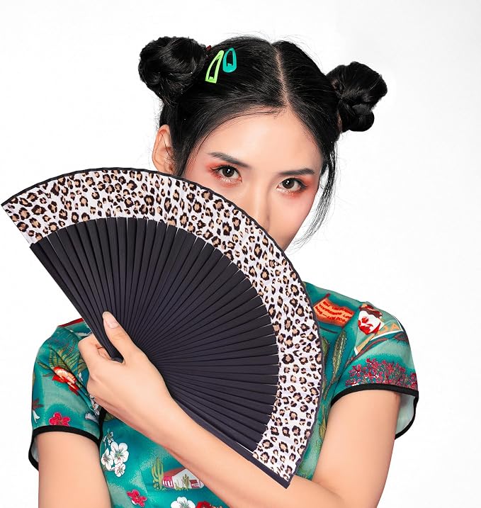 Wobe Hand Held Bamboo Silk Folding Fan, Chinese Japanese Handheld Fan with Tassel Wooden Charming Elegant Vintage Retro Style for Women Ladys Girls Dance Party Home Decorations (Leopard)