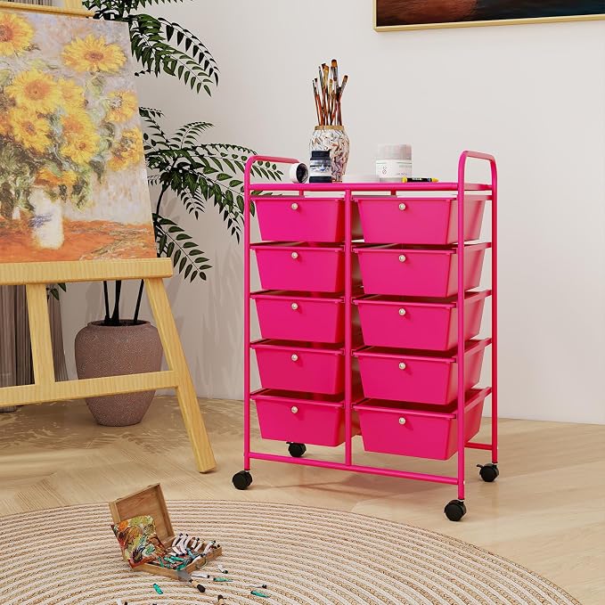 RELAX4LIFE 10-Drawer Rolling Storage Cart - Mobile Craft Art Supply Storage Organizer for Tool Scrapbook Paper Salon, Office School Classroom Teacher Rolling Cart with Drawers, Utility Cart on Wheels