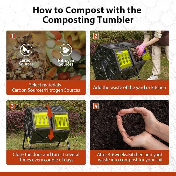 Compost Bin, 37-Gal Dual Chamber Composter Tumbler, Black Yellow | Steel Frame with 2 Sliding Door and Aeration System, 360° Rotating, Tumbling Composting Bin for Kitchen, Garden, Yard
