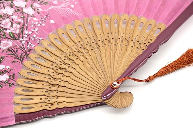 OMyTea® "Grassflowers 8.27"(21cm) Hand Held Folding Fans - With a Fabric Sleeve for Protection for Gifts - Chinese/Japanese Vintage Retro Style (Red)