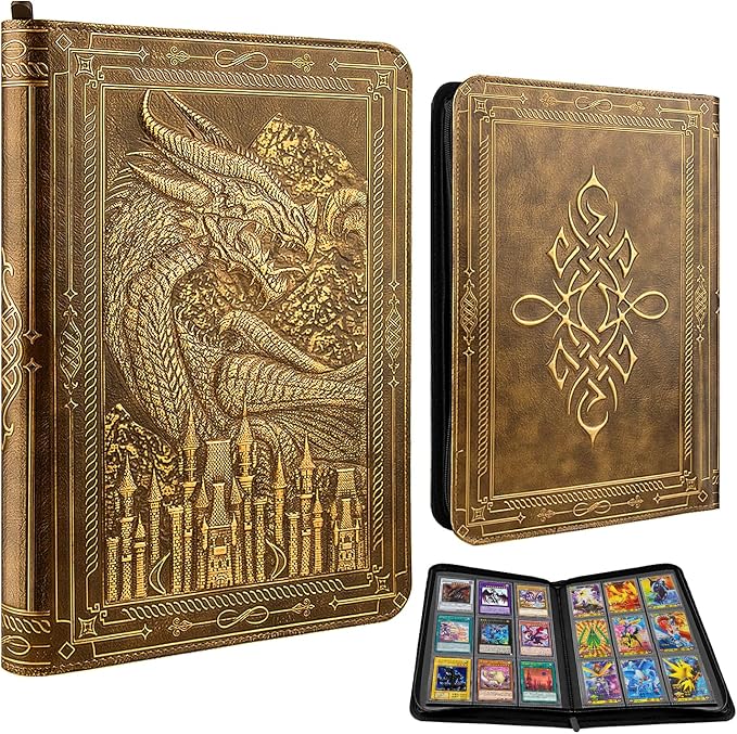 TIANREN Card Binder 9 Pocket, 3D PU Leather Album with Zipper, 360 Side Loading Pockets for TCG, MTG, Lorcana, Other Collectible Cards, Trading Card Game Protective Folder Album (Golden Brown)