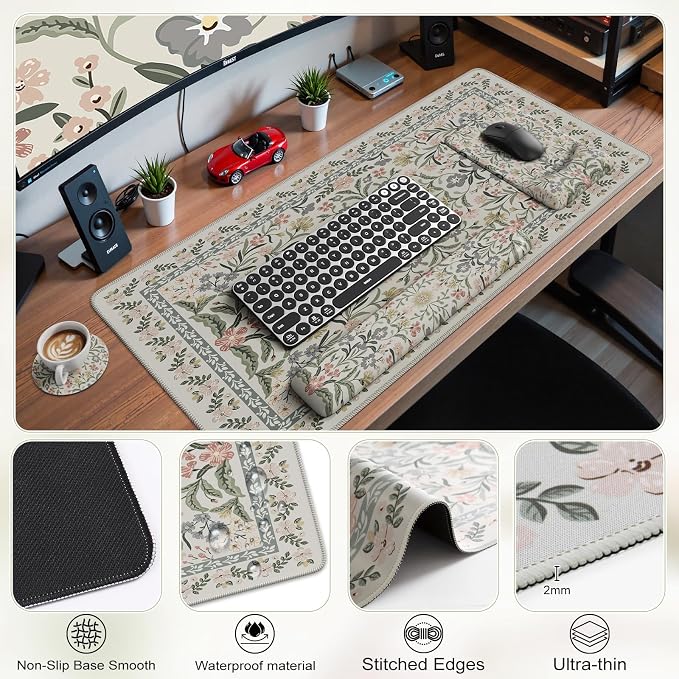 iCasso Mouse Pad with Wrist Rest,Ergonomic Large Desk Mat Set, Gray | Keyboard Pad with Wrist Support, Non-Slip Mouse Mat for Women, Cute Floral Computer Mat for Home Office Gaming