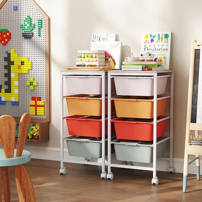 Giantex Rolling Storage Cart with 4 Drawers, Utility Cart w/Wooden Tabletop, Lockable Wheels, Multipurpose Organizer for Art Craft Scrapbook Paper, Drawer Carts for Dorm Classroom Office, Macaron