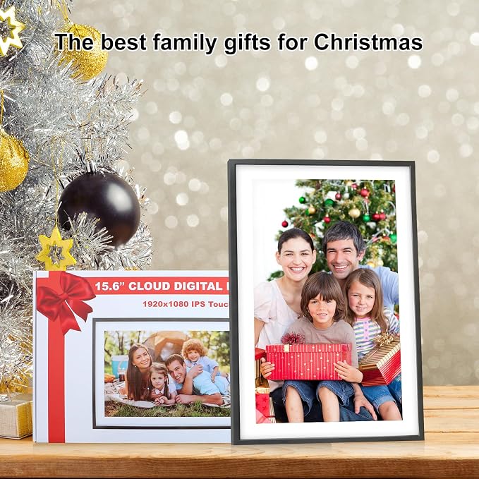 Digital Picture Frame 15.6 Inch Large Frameo Digital Photo Frame，32GB, 1920 * 1080 IPS HD Touch Screen, Electronic Picture Frame IPS Touch Screen with Auto-Rotate, Frameo Digital Frame WiFi(Black)