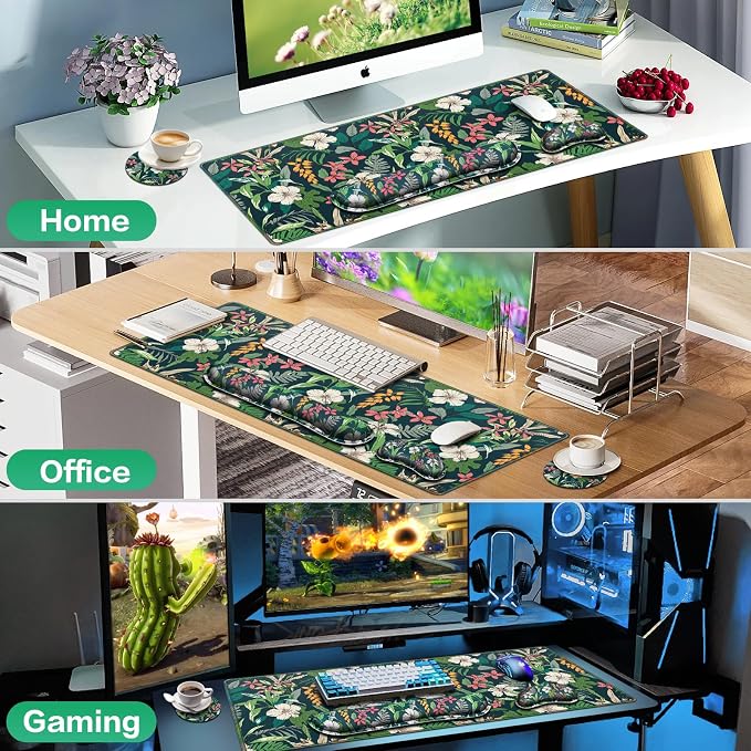 Desk Mat Floral, Large Gaming Mouse Pad with Wrist Rest, 4in1 XXL | Mousepad+Keyboard Wrist Rest+Mouse Pad Wrist Support+Cup Coaster Set Ergonomic Computer Desk Arm Wrist for Decor Office Women