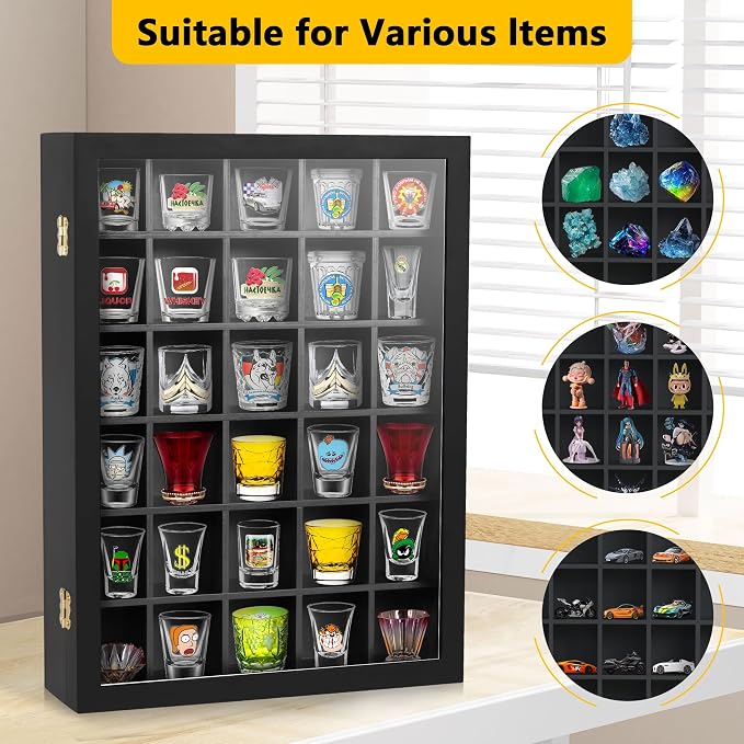 30 Shot Glass Display Case Wall Mounted, Shot Glass Holder with Door and Removable Shelve, Shot Glass Storage for Home Bar Decor
