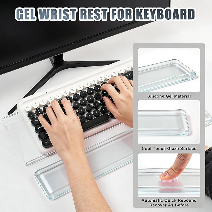 Acrylic Computer Keyboard Stand with Gel Wrist Rest Set-(Clear White Set) | Keyboard Riser for Desk Easy Typing with Gel Keyboard Wrist Pad, Anti-Slip Comfort Jelly Clear Wrist Rest Relief Pain