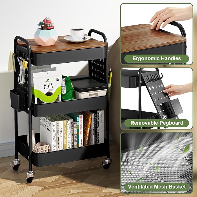 3 Tier Rolling Cart with DIY Pegboard, Metal Utility Cart with Table top | Sturdy Storage Organizer Cart with 360°Swivel Wheels& Locking Wheels, Hooks& Cups for Office, Classroom, Kitchen and Bathroom