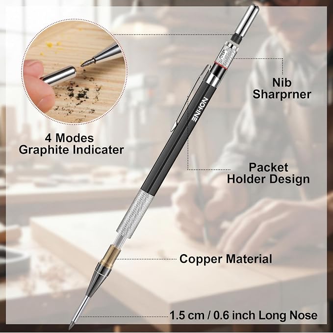 Enhon 2mm Carpenter Pencil Set with 12 Refills and Sharpener, Black | Woodworking Marking Tool Solid Deep Hole Construction Mechanical Pencil, Extended Needle-Nose Tip for Use in Jobs