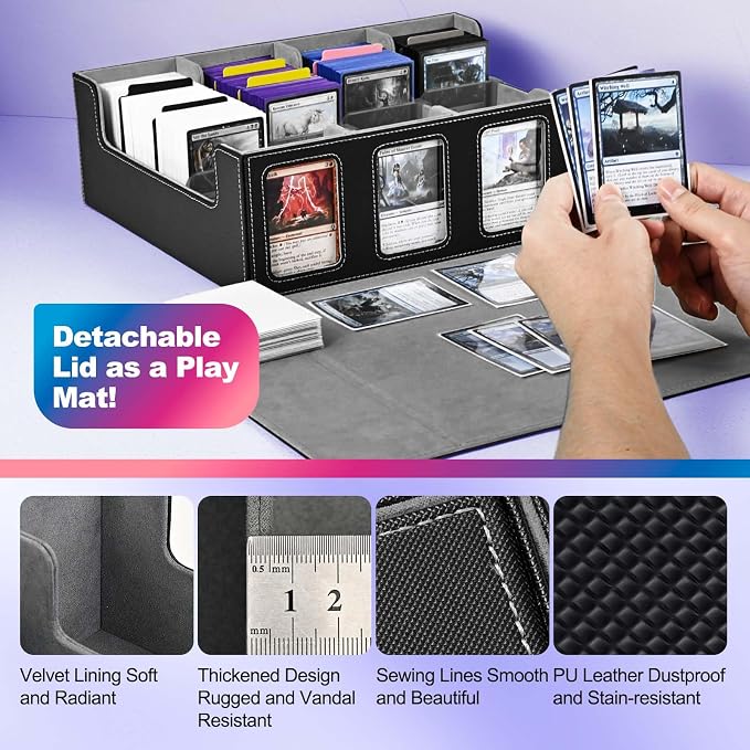 UAONO Trading Card Storage Box with Commander Display; 2400+ Deck Box for MTG with Removable Cover; Top Loaders Card Case fits Magic TCG PTCG Sports Cards; 24 Dividers, 4 Stoppers (Black, Grey)