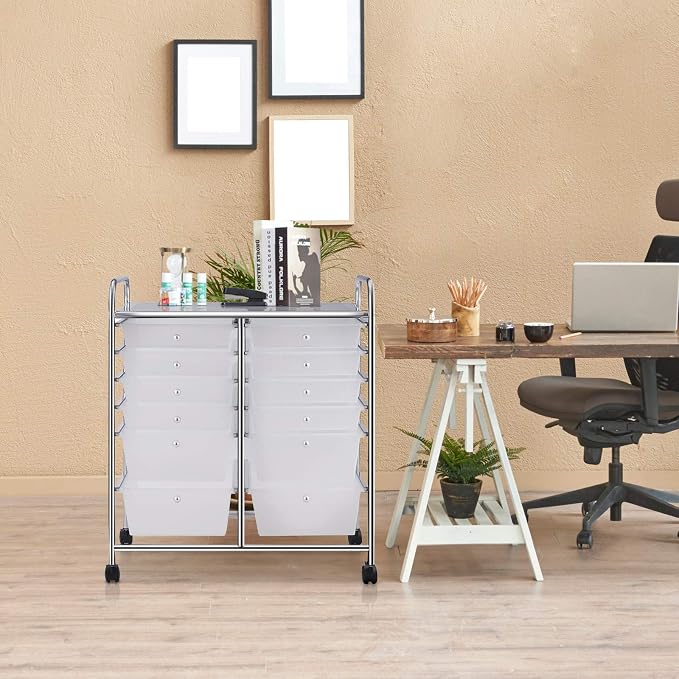 12 Drawer Rolling Storage Cart, Craft Cart Organizer on Wheels w/Metal Frame, Large Capacity & Smooth Drawer, Rolling Cart w/Drawers for Classroom, Office
