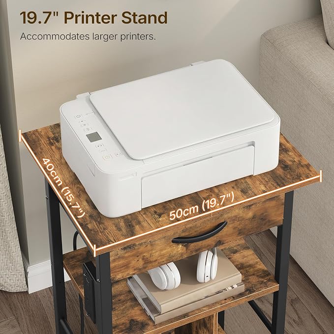 Rolling File Cabinet, Printer Stand with Dividers and Charging Station, Mobile File Cart with Fabric Storage Drawer and Lockable Wheels for Home Office, Fits Letter/Legal/Files