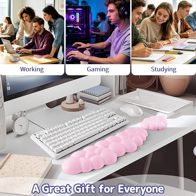Cloud Wrist Rest Keyboard, Cloud Keyboard Wrist Pad Set with PU Leather Memory Foam, Cute Arm Rest for Palm Support, PC/Gaming Desk Accessories/Office Setup/Computer Hand Cushion - Pink