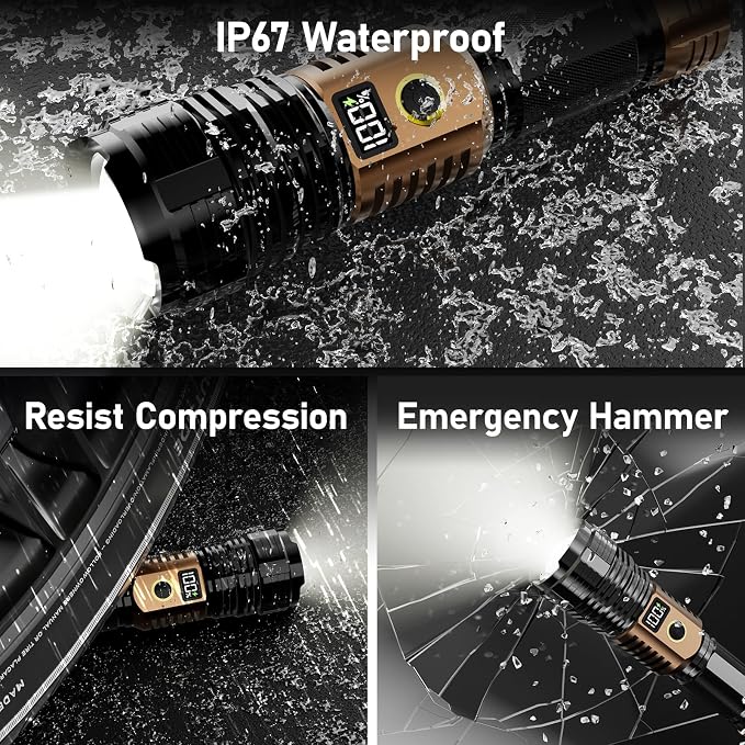 Flashlights High Lumens Rechargeable, 100,000LM LED Super Bright Flash Light, Zoomable Linternas with LCD Digital Display, 5 Mode, Waterproof, Powerful Tactical Flashlight for Emergencies Camping Gift