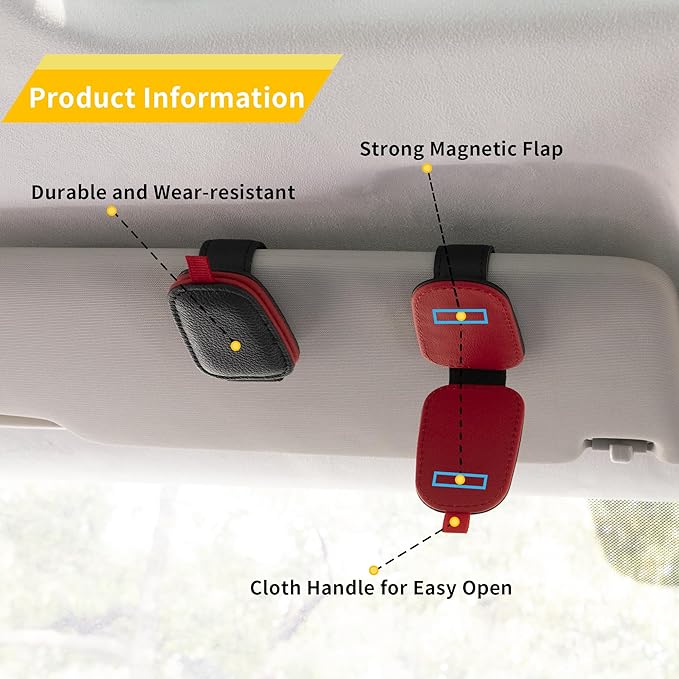 Yuoyar Magnetic Leather Sunglasses Holder for Car, 2 Packs (Black-red) | Magnetic Car Visor Accessories
