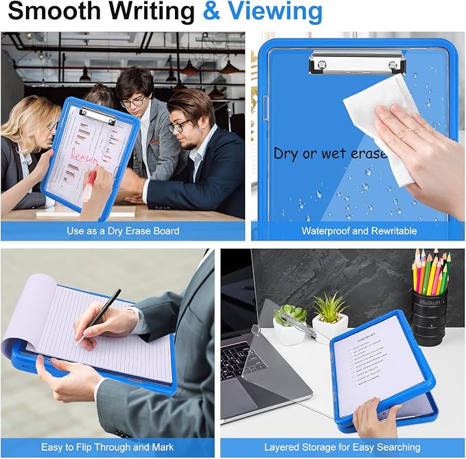 Meiikun Clipboard with Storage, Clip Boards 8.5x11 with Dual Storage, Plastic Clipboards Clear Visible Dry Erase Top Panel, High Capacity Clip Board Organizer for Work School Office (Sapphire Blue)