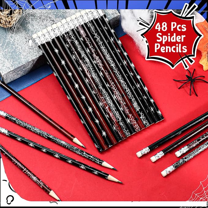 Teling 48 Pcs Spider Pencils Theme Party Favors Fun Spider Web Pencils in Bulk with Eraser Wooden Number 2 Graphite Stationery Kits for Students Back to School Classroom Birthday Supplies
