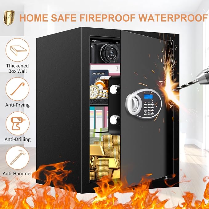 3.3 Cubic Feet Home Safe Fireproof Waterproof, Digital Home Security Safe Box with Programmable Keypad and Spare Keys, Document Safe for Money Firearms Medicine Valuables