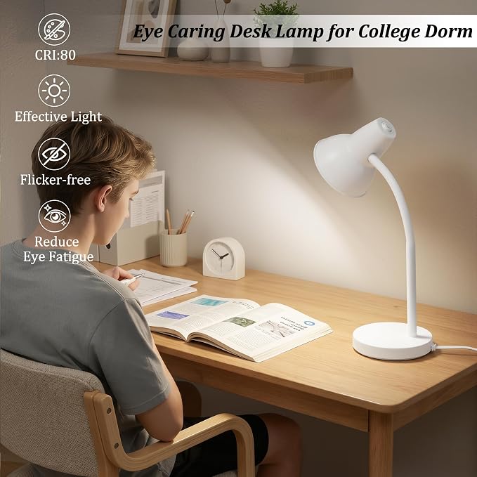LED Desk Lamps for Home Office, Flexible Gooseneck Eye-Caring Study Lamps | Energy-Saving Desk Light, Anti-tip Heavy Duty Bedside Reading Light, Desk Lamps for College Dorm, Home Office, with 1.6m Cord