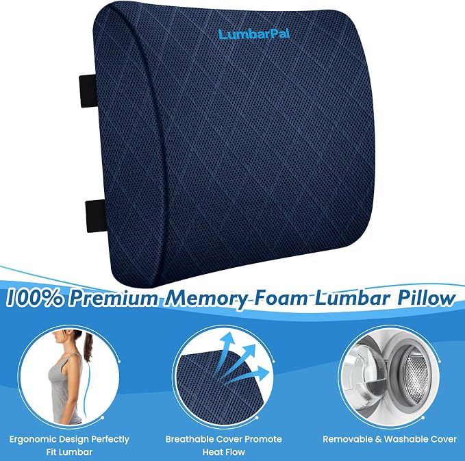 Lumbar Support Pillow for Office Chair, Back Support, Memory Foam, Blue | Improve Sitting Posture & Back Pain Relief. Lumbar Pillow Fits Office, Gaming & Car Chairs with Adjustable Dual Straps